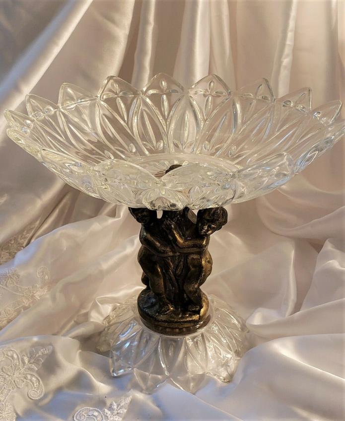 Vintage Crystal Cut Glass Compote Dish Bowl on Brass Pedestal with Cherubs
