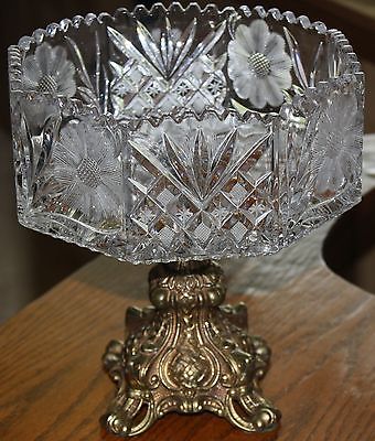VICTORIAN CRYSTAL COMPOTE SAW TOOTH CUT ETCHED CRYSTAL OCTAGON BOWL BRASS STAND