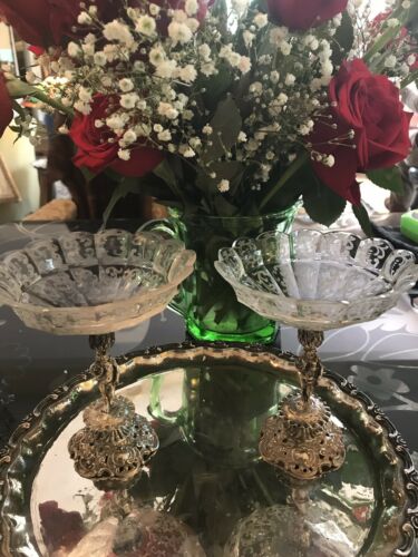 Pair Silver Antique German Cherub Pedestal Scalloped Etched Glass Compote Bowls