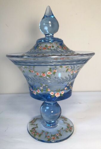 Large Blue Glass Etched & Hand Enameled Vintage Compote With Lid