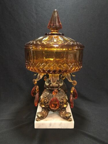 Vintage Amber Footed Candy Dish Compote With Lid Brass Marble Base Glass Prisms