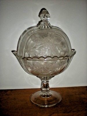 Antique Dome Cover Compote Rose pattern Large Footed clear glass vtg candy bowl