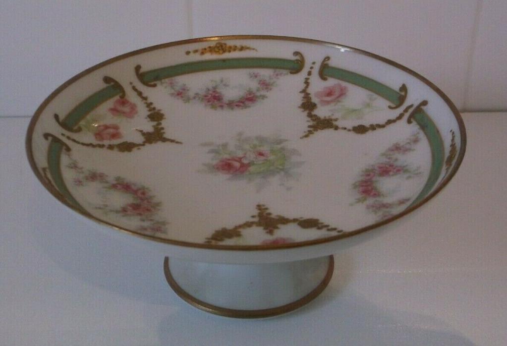ANTIQUE MINIATURE ROSE MOTIF HAND PAINTED PORCELAIN COMPOTE/MADE IN FRANCE