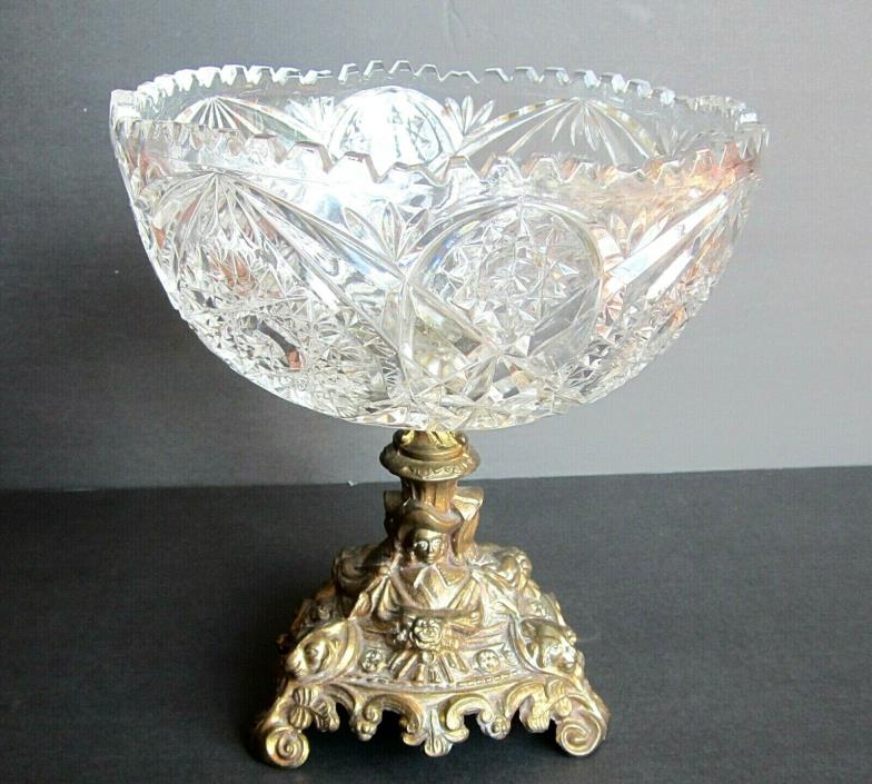 ANTIQUE ORNATE PILGRAM & LION BRASS Lg. FOOTED CRYSTAL COMPOTE