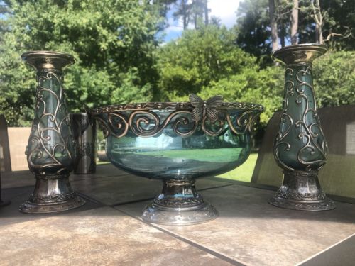 VINTAGE Blue Glass, Silverplate Trim Bowl And Candle Holder Set