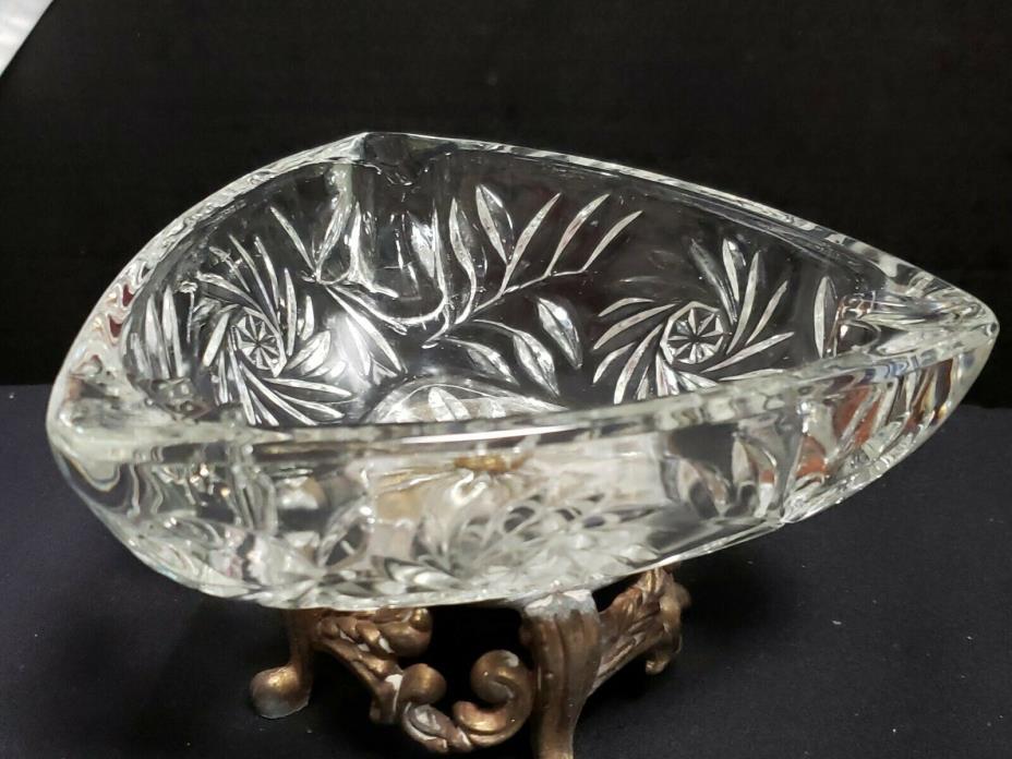 Large Vtg Crystal Ashtray Triangle Cut Glass Brass Metal footed base Tabletop