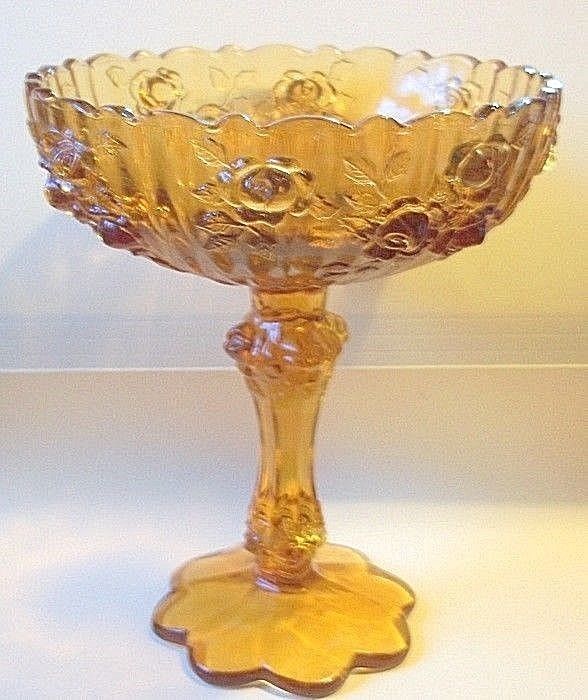 Beautiful Vintage Rose Pattern Amber Glass Compote