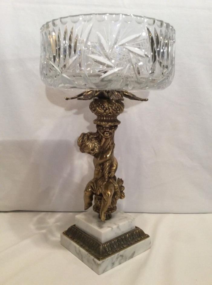Antique Compote Crystal Brass Marble Cherub Pedestal Bowl Italy Star of David