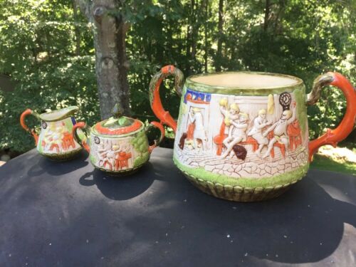 Fairy Tale ENGLAND BIG BEN Horse Troll Bridge Tavern COMPOTE BOWL Sugar Creamer