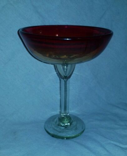 Antique clear to amber, red hand blown glass art compote.