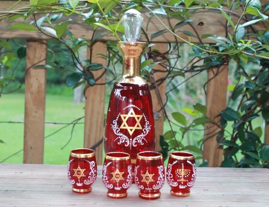 Antique Jewish Shabbat Wine Decanter and 4 Cups with Star of David and Moses