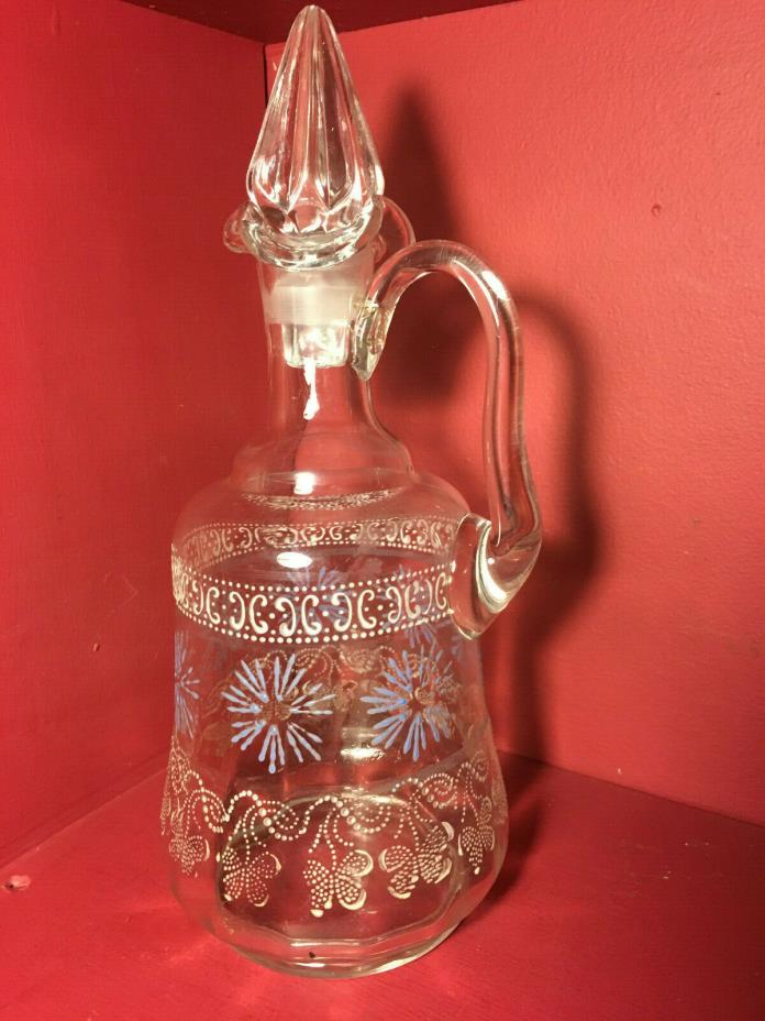 Vintage Clear Glass Decanter w/Painted Embellishments