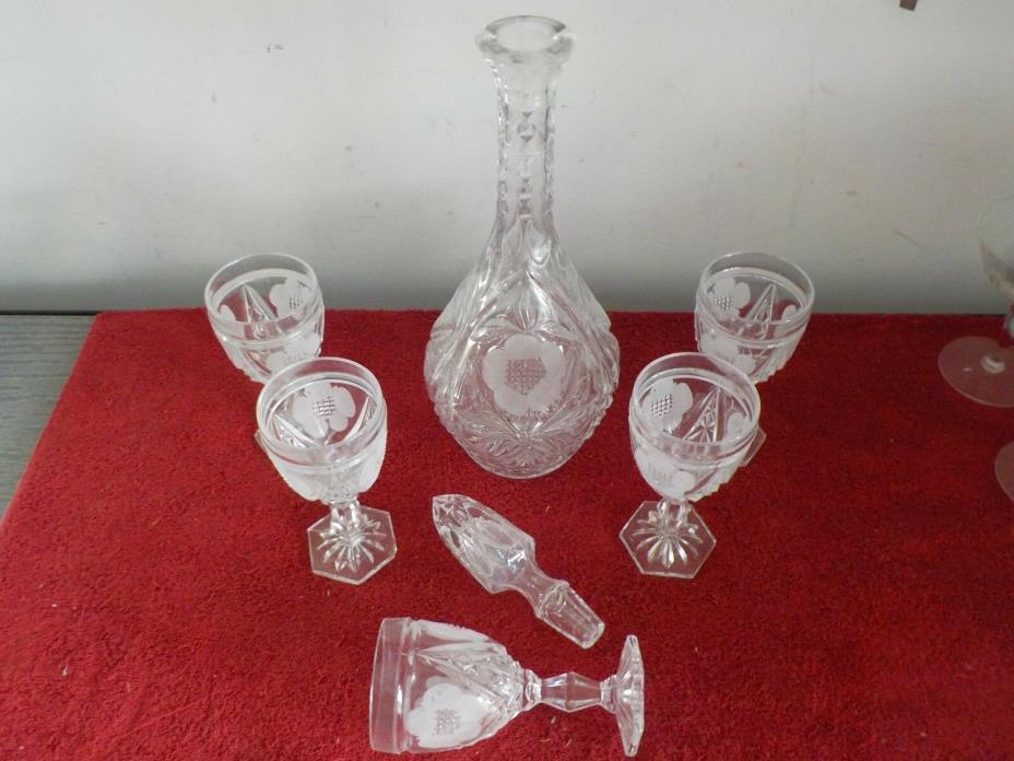 6 piece cut glass decanter set:  decanter, stopper & 5 glasses (JS)