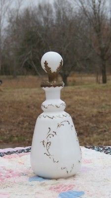 Antique Vintage Milk Glass Gold Detail Bar Ware Decanter Globe Stopper