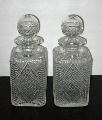 PAIR antique cut CRYSTAL DECANTERS w/ cut STOPPERS