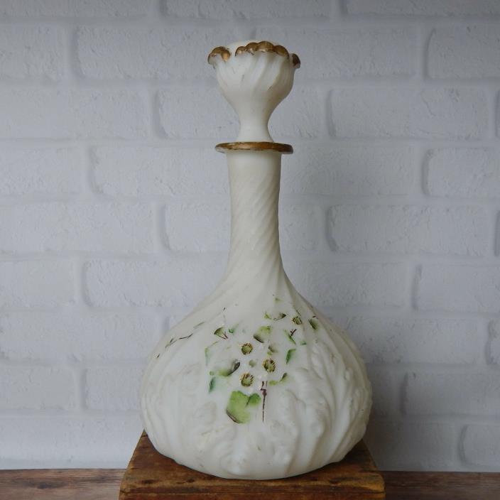Milk Glass Victorian Water Decanter Bottle with Stopper 9.5