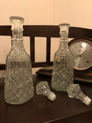 Large Vintage Crystal Glass Pattern Decanter Set Of 2 Matching Identical