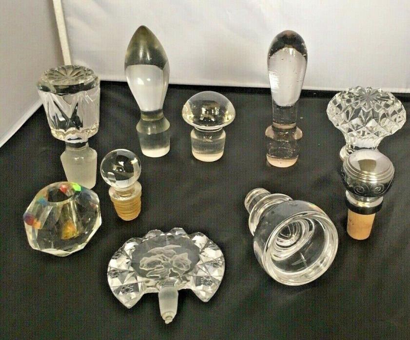 Vintage - Now Lot of 10 Glass Crystal Decanter Perfume Cruet Bottle Stoppers