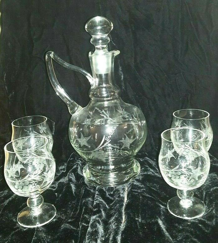 Antique Hand Blown Crystal Carafe and Snifters - Made in Romania