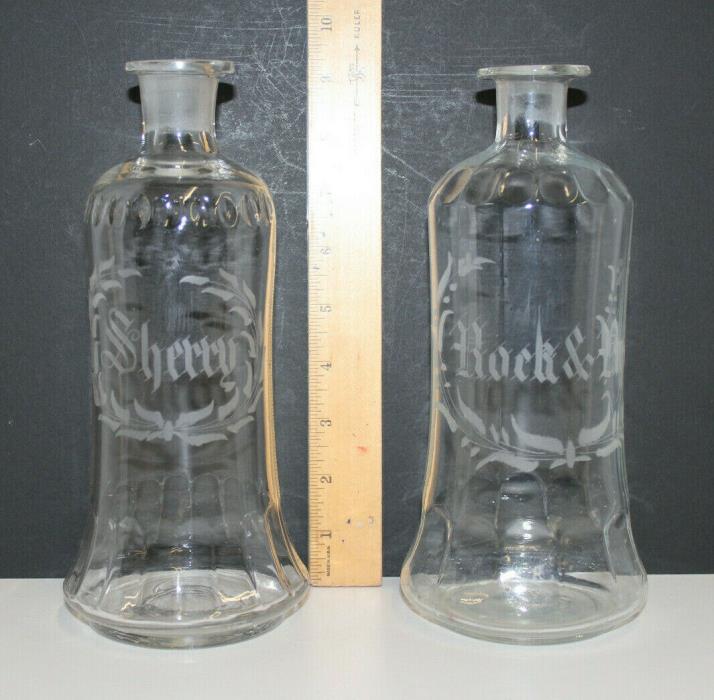 2 Nice Antique Etched Mold Blown Liquor Decanter Bottles; SHERRY and ROCK & RYE