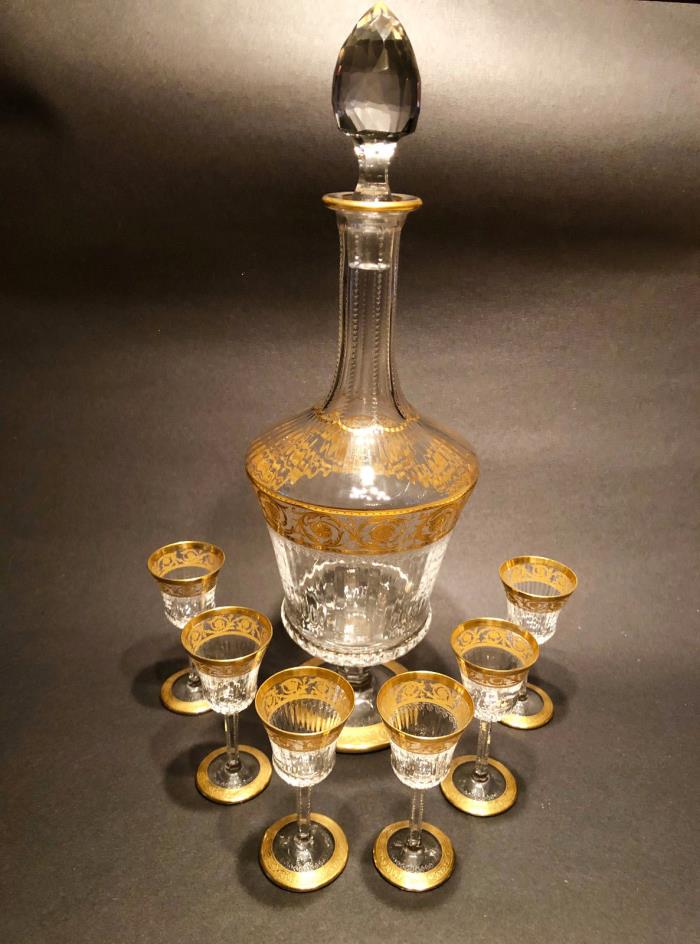 Saint Louis Thistle Gold Crystal  Handled 1 Decanter 6 Glasses