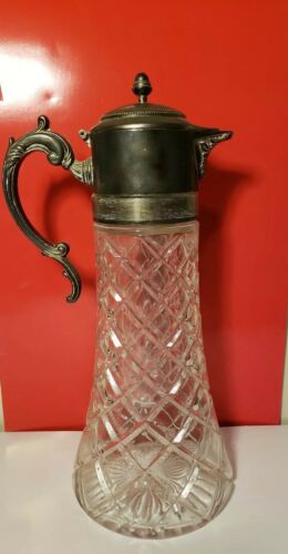 Vintage Cut Glass Wine Decanter Carafe Pitcher Ice Chiller Insert Pewter Lid