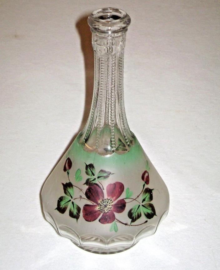 Antique Glass Bar Decanter Hand Painted Flowers on Frosted Glass Zipper Rib Neck