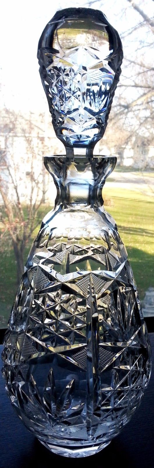 Vintage Cut Glass Decanter, Star Fan Pattern Lead Crystal Bar ware Liquor Bottle