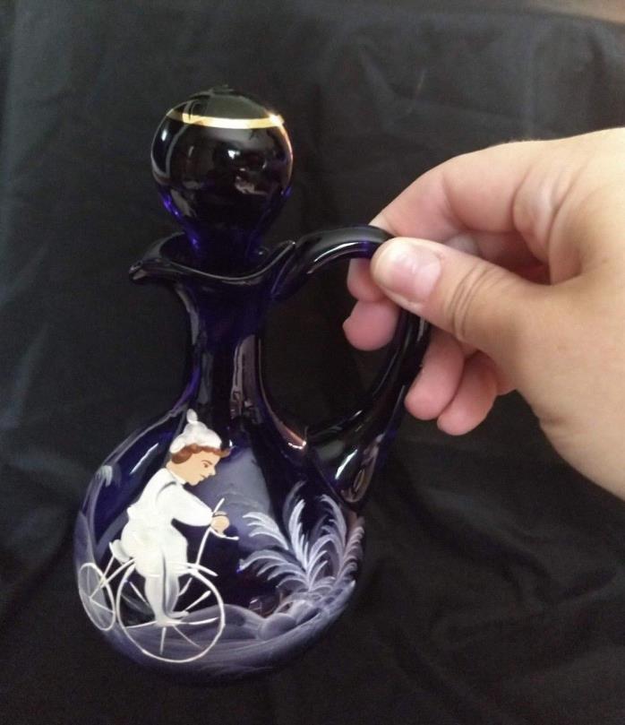 MARY GREGORY - Cobalt Blue - Glass Cruet Pitcher - Hand Painted - Boy on Bike