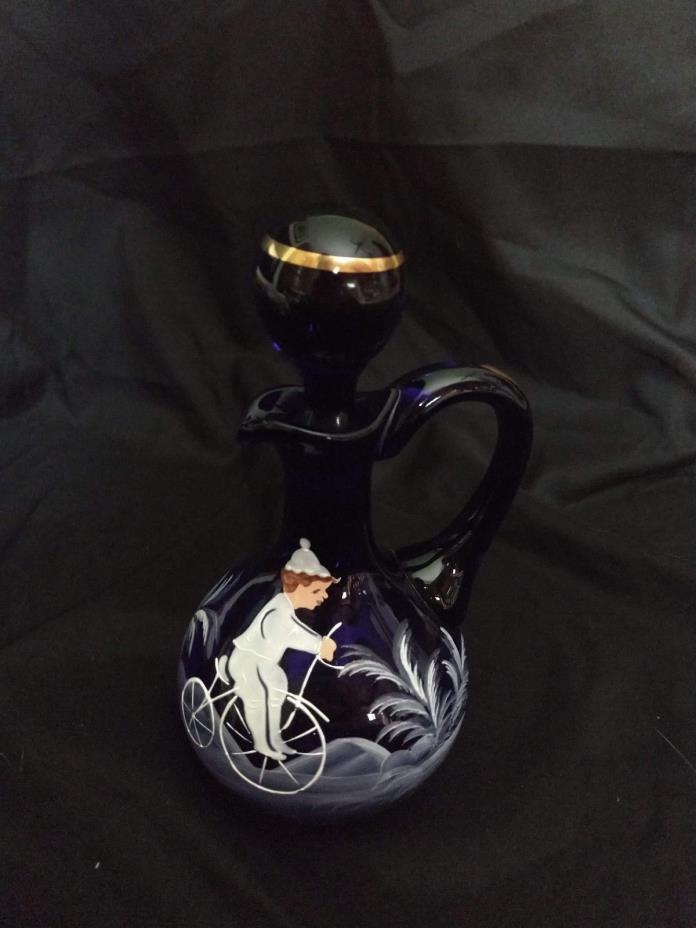 MARY GREGORY(2) Cobalt Blue - Glass Cruet Pitcher - Hand Painted - Boy on Bike