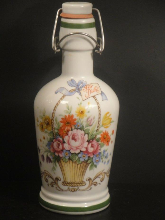 Vtg German Ceramic Decanter Bottle w/Handle & Stopper Floral Basket 