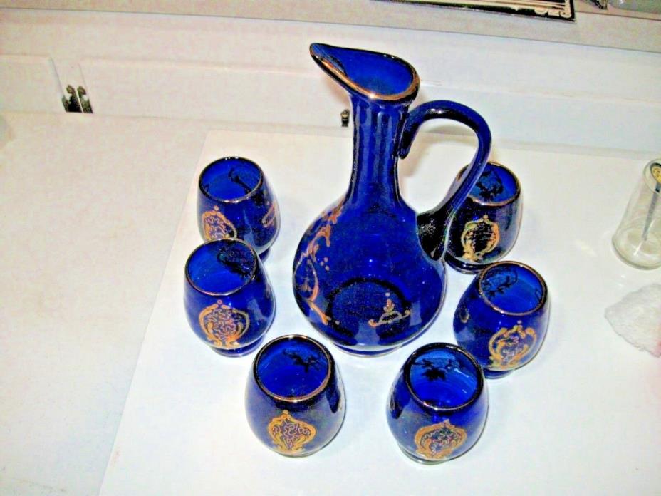 Cobalt Blue And Gold With Cameo Decanter And 6 Glasses