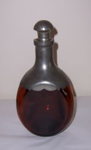 KMD Royal Holland Amber Glass Decanter Bottle - Hammered Pewter Cover & Stopper
