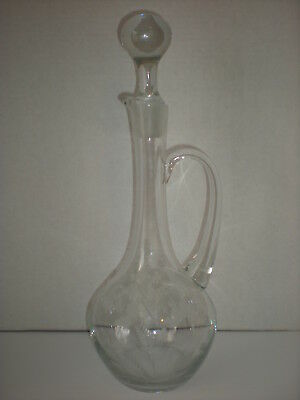 1800s Antique Victorian Wine Decanter Long Neck  Heavy Ball Stopper Etched Glass