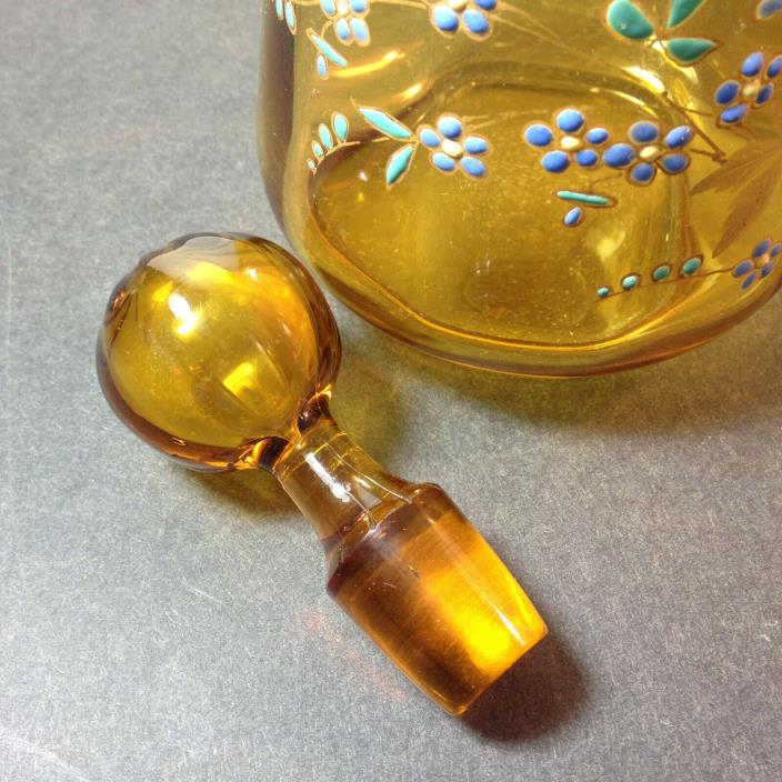 Vintage Amber Glass Decanter Bottle/ Stopper Hand Blown Painted Glass Enamel