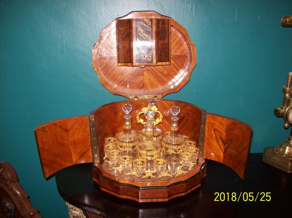 Antique French Brass Inlaid Tantalus Liquor Cabinet 4 decanters 15 glasses