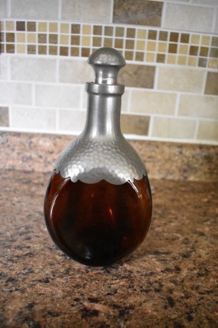 Last Sale Nice Beauty Vtg Decanter Holland KDM Hammered Pewter Amber Glass NR