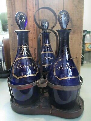 Georgian Bristol Cobalt Glass Blown Gilt Decanter Set tantalus c1795 bottles