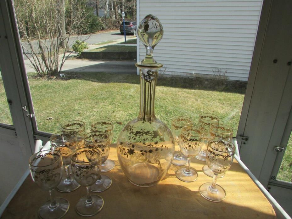 Stunning Antique French Gold Gilded Cordial Decanter and 11 Glasses