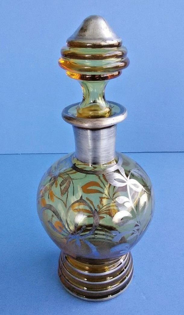 AMBER GLASS DECANTER SILVER OVERLAY 8 3/4