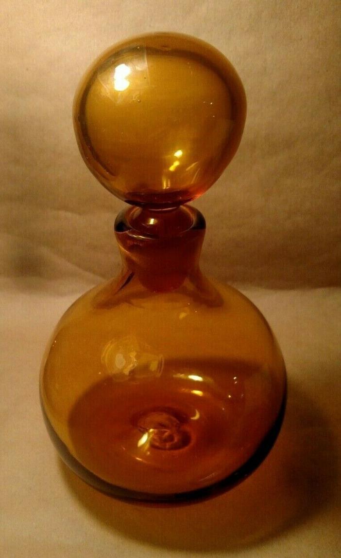 vintage round amber hand blown glass decanter with matching stopper