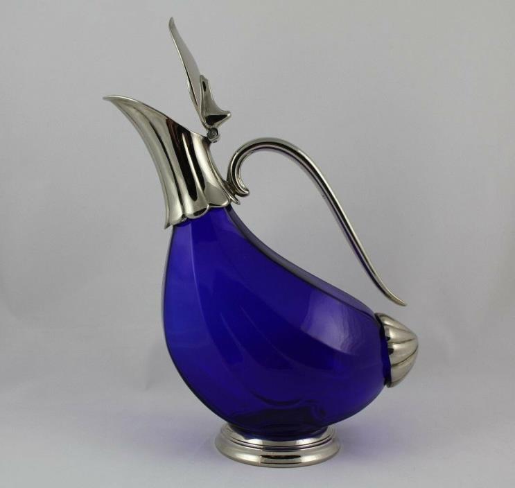 Cobalt Blue Glass & Silver Decanter with Handle No marking Made by: Reidel