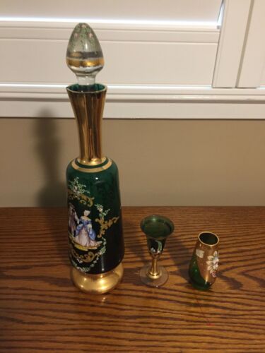 Vintage Hand Painted Gold Leaf Decanter And Glasses