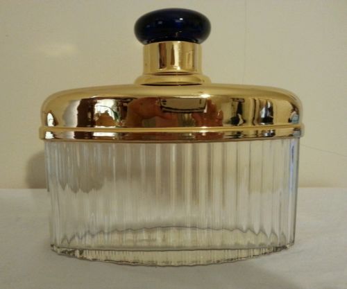 Oval Ribbed Clear GlassLiquor Decanter w Gold Top & Cobalt Blue Lid ~ 32 oz