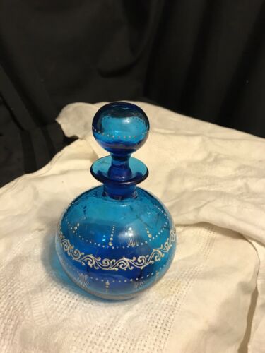 BEAUTIFUL VICTORIAN BLUE FLOWER DECORATED ART GLASS Decanter/Dresser Jar 1880'S