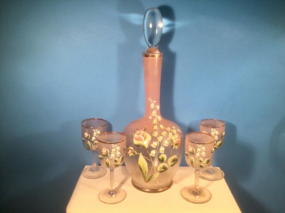 Antique French Decanter 4 Glasses Enameled Roses Lily of the Valley, gl78