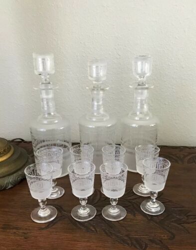 Antique Set Of 3 Regency Crystal Pint Decanters & 8 Glasses. Greek Key Design.