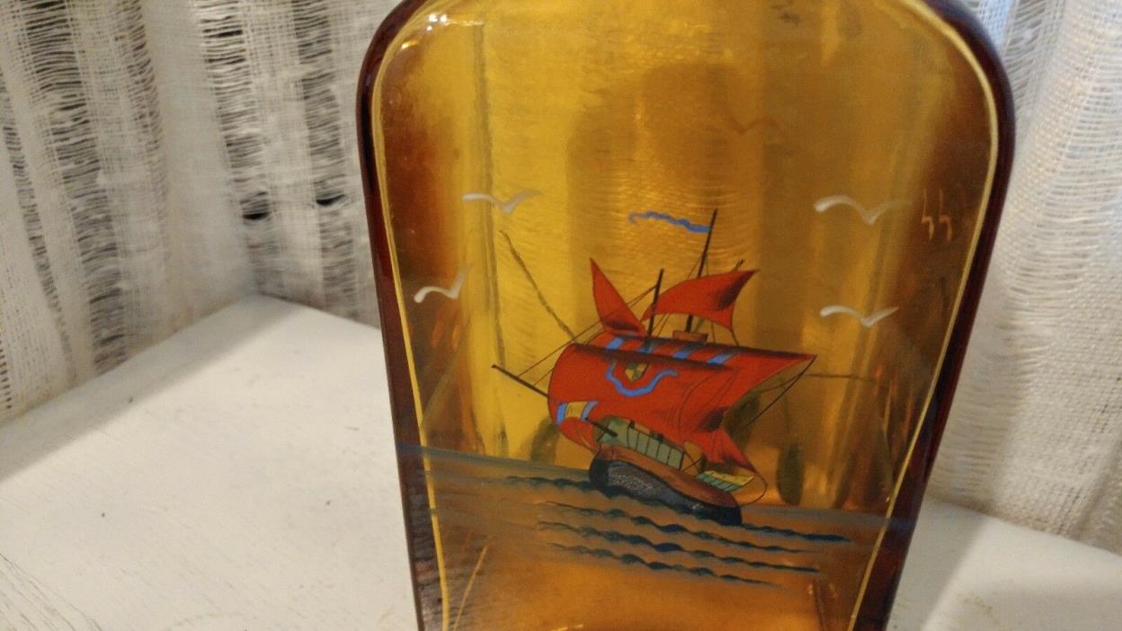 VINTAGE AMBER DECANTER W/PAINTED SHIP, BIRDS, CATTAILS - 11