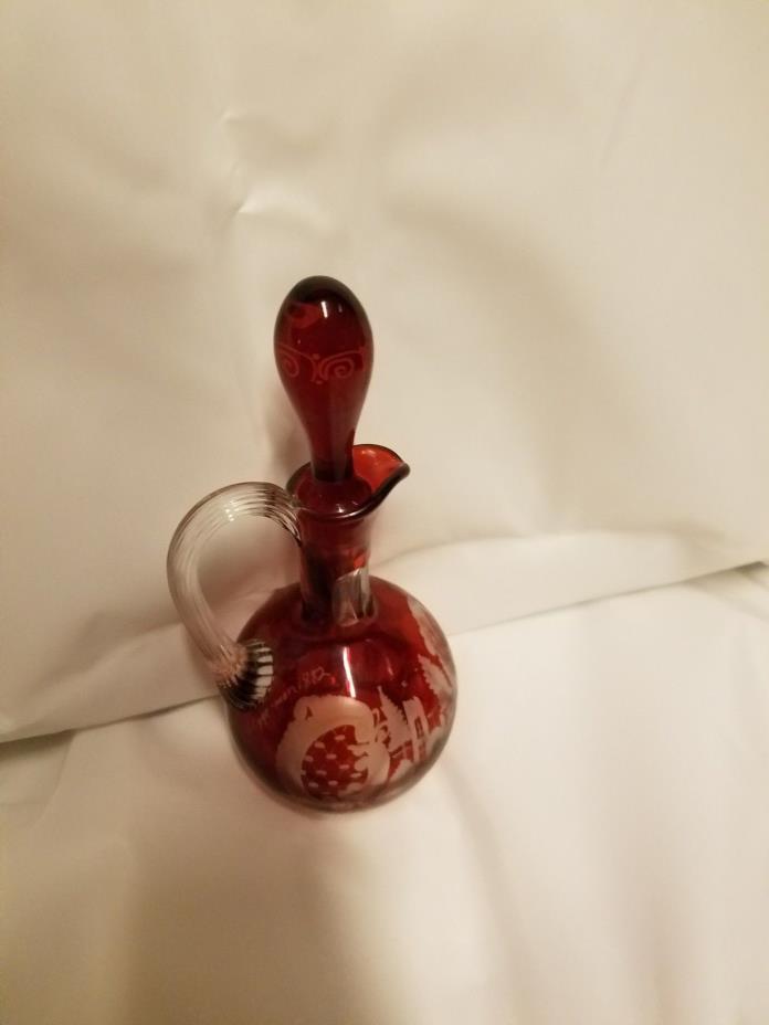 ANTIQUE CRANBERRY CRIMSON 1882 SIGNED ETCHED GLASS CARAFE WITH STOPPER PERFECT