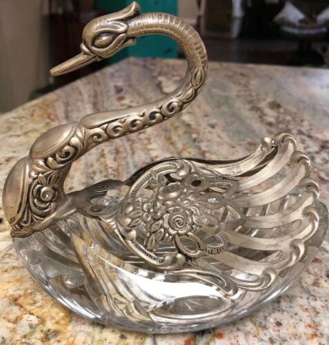 Antique Swan Crystal Glass Silver Bowl Candy Dish 835S Stamped